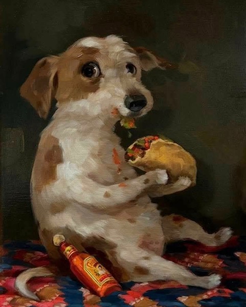 Taco Dog Allison Friend Painting of a small white dog with brown spots sitting upright eating a taco by Allison Friend once displayed at Aria Salon in Capitol Hill Art Walk Seattle