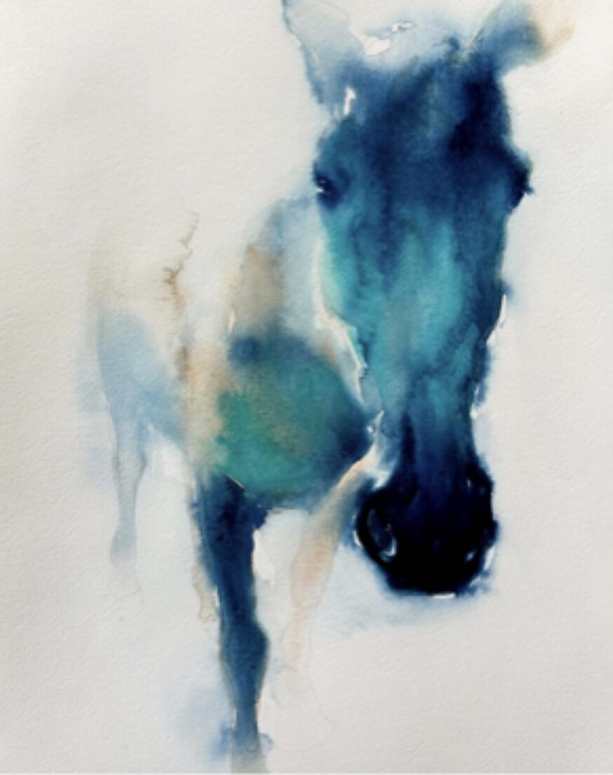 Horse Watercolor by Bonnie Blue Transulscent blue horse watercolor by Bonnie Blue once displayed at Aria Salon in Art Walk Capitol Hill Seattle